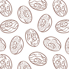 Donut seamless pattern in line art style. Hand drawn background with sweets and bakery. Design for cafe, restaurants, package. Vector illustration.