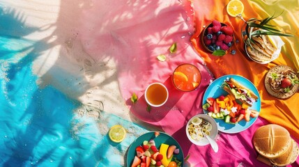 An electric blue picnic table adorned with plates of food and drinks, creating a visual art piece resembling a painted pattern drawing under a glass ceiling at a circle event AIG50