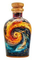 Artistic galaxy-themed painted glass bottle with cork, cut out - stock png.
