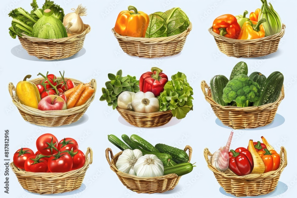 Poster various types of vegetables displayed in baskets, ideal for food and agriculture concepts