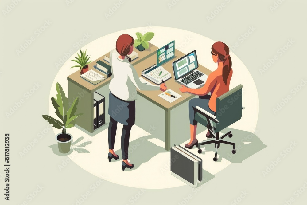 Aufkleber Two individuals sitting at a desk using laptops. Suitable for business and technology concepts