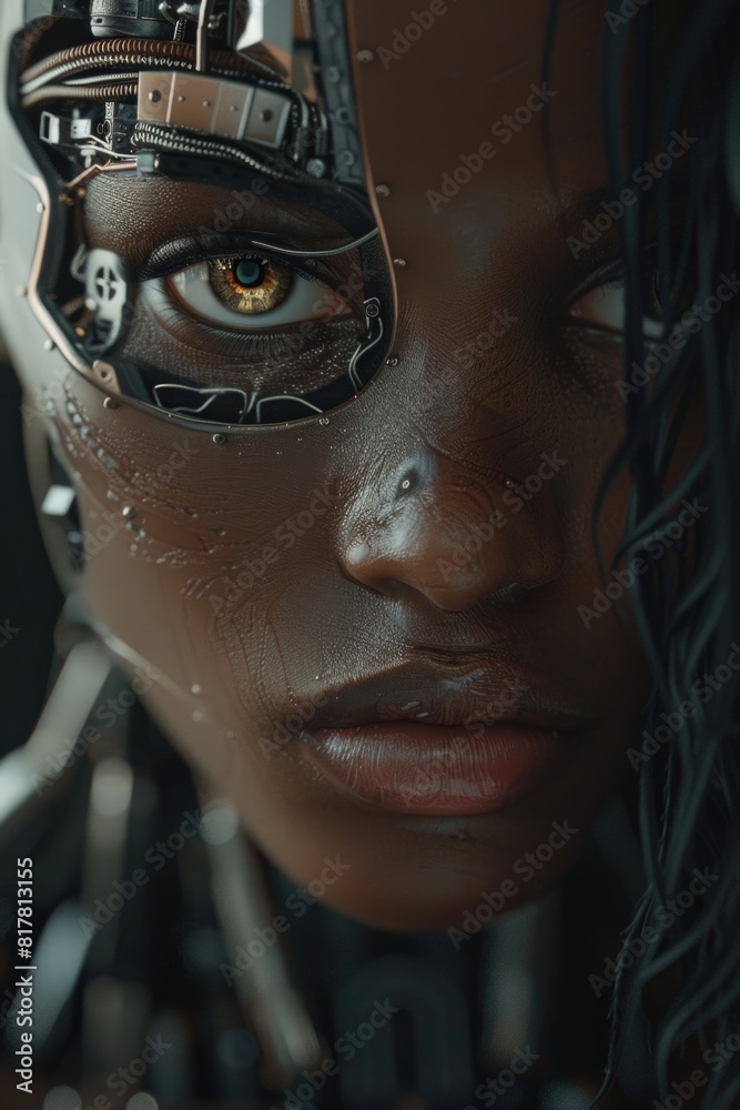 Poster close up of a woman's face combined with a robot's head. suitable for technology concepts
