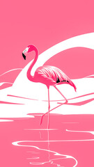 Fototapeta premium Pink flamingo on the water. Serene Scene: A graceful pink flamingo stands alone in a minimalist landscape Backdrop