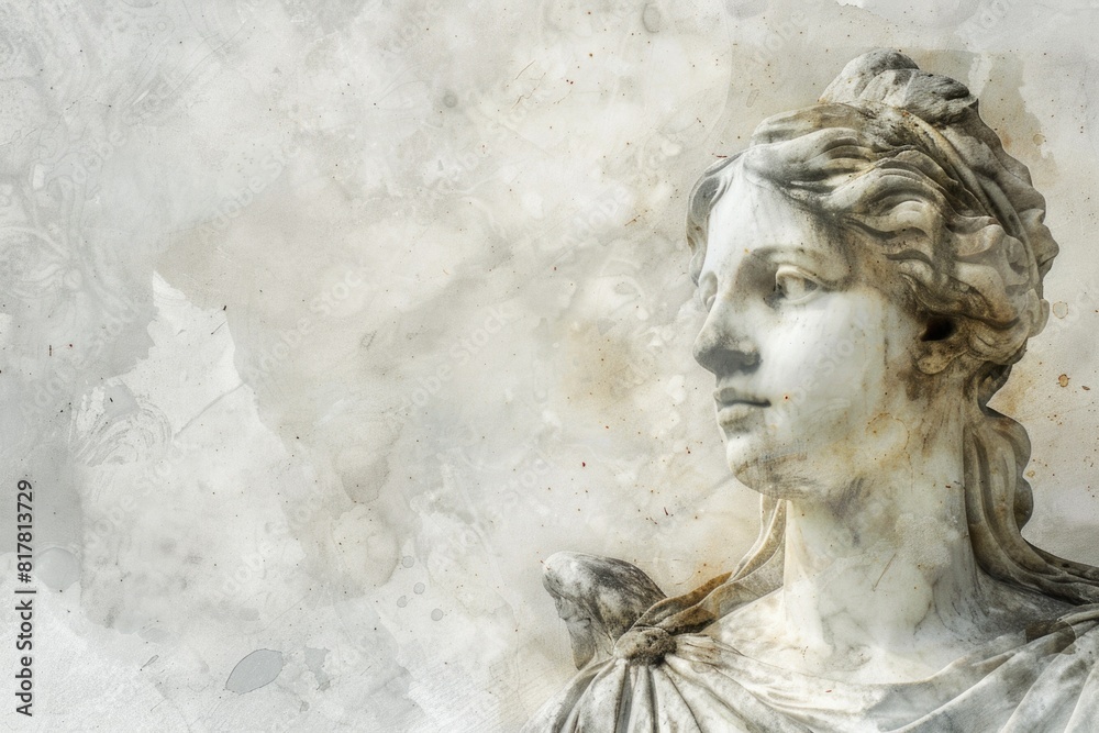 Poster a statue of a woman with a bird on her shoulder. suitable for various design projects