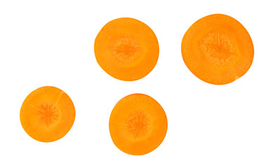 Top view set of fresh beautiful orange carrot slices or pieces scattering isolated on white background with clipping path
