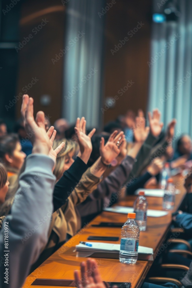 Poster a group of people sitting at a long table with their hands in the air. suitable for business or team