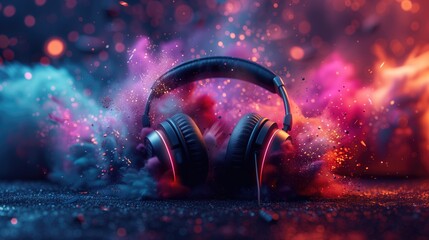A pair of headphones sits against a backdrop of swirling colorful dust, symbolizing the immersive audio experience offered by an e-learning platform for online courses and tutorials - Powered by Adobe