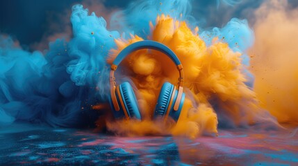 A pair of headphones sits against a backdrop of swirling colorful dust, symbolizing the immersive audio experience offered by an e-learning platform for online courses and tutorials