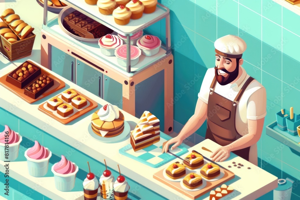 Poster a man standing in front of a counter filled with delicious pastries. perfect for bakery or cafe prom