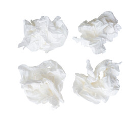 Obraz premium Top view set of white screwed or crumpled tissue paper ball after use in toilet or restroom isolated on white backgroud with clipping path