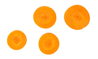 Top view set of fresh beautiful orange carrot slices or pieces scattering isolated with clipping path in png file format