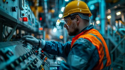 A close-up of a worker in safety gear operating a control panel inside a modern industrial plant, with machinery and equipment in the background.