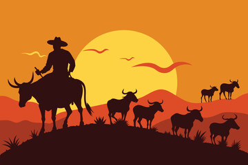 Fototapeta na wymiar A vector silhouette of a working ranch cowboy herding texas longhorn cows down a hill design