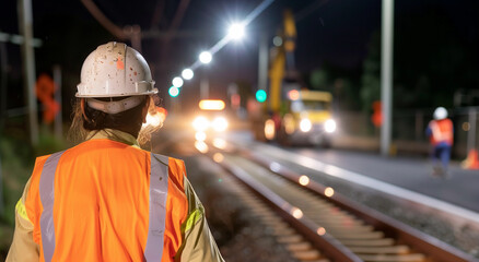 1 male man road worker in safety orange high vis hard hat working on train tack railway trains with night lights for contractor work construction site jobs workforce civil engineer copy space