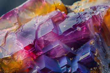 A detailed close-up of a piece of raw gemstone, highlighting its natural texture and vibrant colors. 