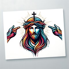 A colorful drawing of a jesus christ with a crown of thorns has illustrative attractive card design.