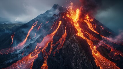 A dramatic close-up of a volcanic mountain eruption, capturing the intense flow of glowing lava, billowing smoke, and the rugged landscape, set against a misty horizon.