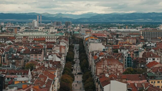 Aerial footage of the pedestrian zone and old buildings in Vitosha Boulevard in Sofia, Bulgaria