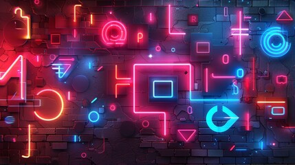 Obraz premium A creative composition of various neon letters and symbols arranged in a visually appealing pattern, ideal for adding a futuristic vibe to designs.