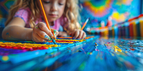 Fototapeta premium Close-up of children painting and drawing at a craft table