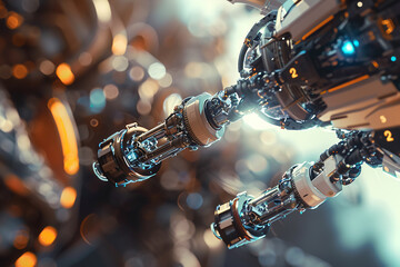 Spacecraft Docking Mechanism, mechanical arms, intricate design, overseeing the connection between two advanced spaceships, futuristic setting, 3D render, spotlight, depth of field bokeh effect