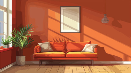 Comfortable sofa near color wall in room Vector style