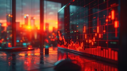 Obraz premium A single computer monitor sits on a desk in a high-rise office building