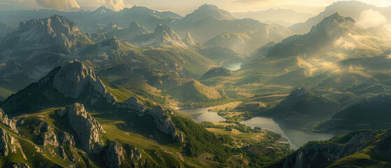 A panoramic view of the Rosomepeau mountain range in France, bathed in golden sunlight. The rugged peaks rise majestically above lush green valleys and alpine lakes - Powered by Adobe