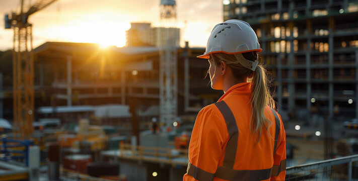 1 Woman person construction worker in high vis orange safety gear hard hat helmet for building civil engineer scafold contractor diverse work management planning banner female infrastructure job site
