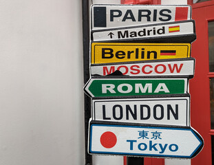 A fun display of signs showing various capital cities around the world and designed as tourist merchandise.