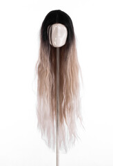 black white wig with long hair isolated on white background