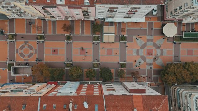 High drone footage of the pedestrian zone in Vitosha Boulevard on a cloudy day in Sofia, Bulgaria