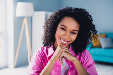 Photo of pretty young girl wondered think entrepreneur businesswoman wear trendy pink outfit modern...