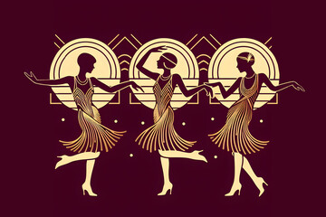 Charleston party. Dancing girls silhouette. Gatsby style set. Group retro woman dancing charleston. Vintage style, retro silhouette dancer.1920 party swing dancing girls