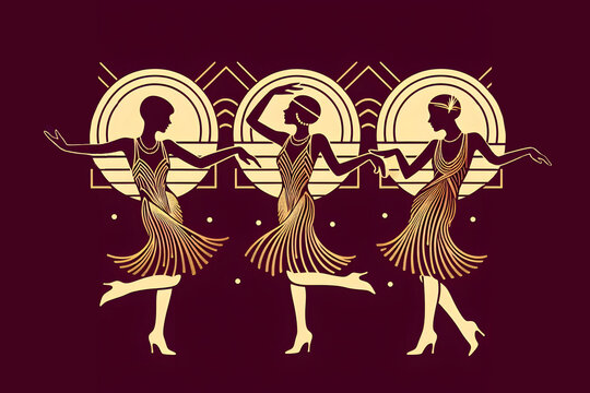 Charleston party. Dancing girls silhouette. Gatsby style set. Group retro woman dancing charleston. Vintage style, retro silhouette dancer.1920 party swing dancing girls
