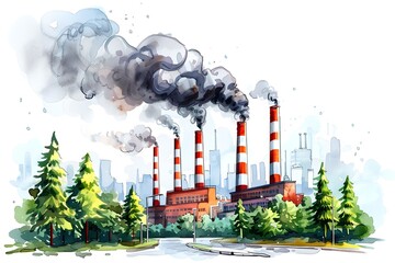 Exhaust from chimney of factory, industry smoke in city. Industrial building. Environmental pollution from harmful emissions. Watercolor illustration