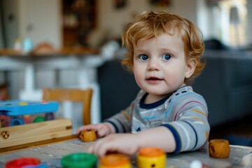 A young child is sitting at a table with a variety of toys