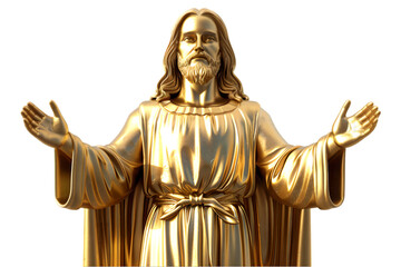 Statue of Jesus Christ with open arms, isolated on transparent background. Faith in Christianity religion. Gold sculpture