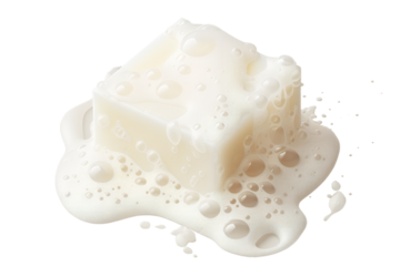 Foam on square piece of soap with bubbles. Soap for hygiene, clean wash. Isolated on transparent background