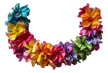 Colorful Hawaiian lei made of vibrant frangipani flowers, cut out - stock png.