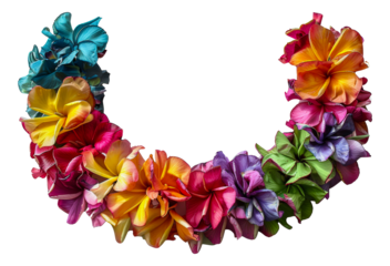 Colorful Hawaiian lei made of vibrant frangipani flowers, cut out - stock png.