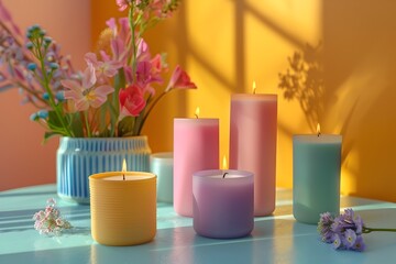 Beautifully Arranged Candle Display with Floral Accents Exuding a Relaxing Ambiance