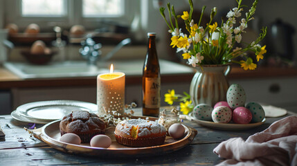 Tray with Easter cakes eggs and burning candle 