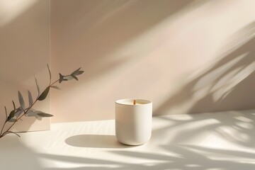 Elegant Minimalist Candle Mockup in Earthy Tones with Soft Lighting and Shadows