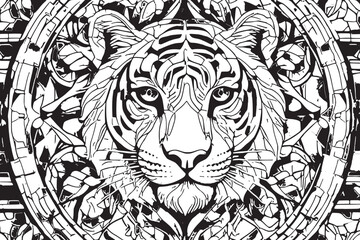 Hand drawn doodle lion illustration. Black and white illustration on white background. Line art.