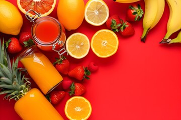 Fresh tropical fruit ingredients for a healthy detox juice or smoothie on a red background
