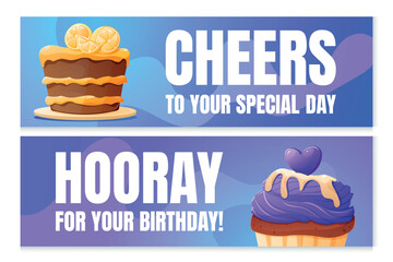 Set of vector horizontal bright holiday birthday cards. Banners template with cartoon funny illustrations of cake and cupcake.