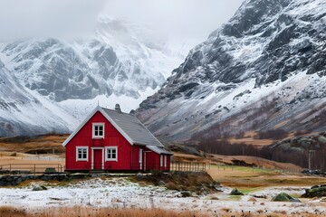 Isolated Red House Nestled in Snowy Mountain Landscape of Northern Europe