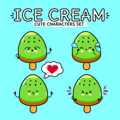 Funny cute happy Ice cream characters bundle set. Vector hand drawn doodle style cartoon character illustration. Isolated on blue background. Ice cream sundae mascot character collection