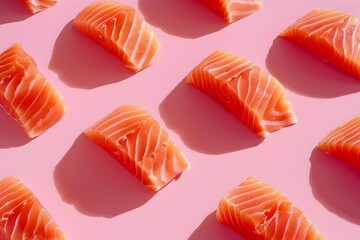 Professionally Rendered Gourmet Salmon Fillets Sashimi on Aesthetic Pink Background